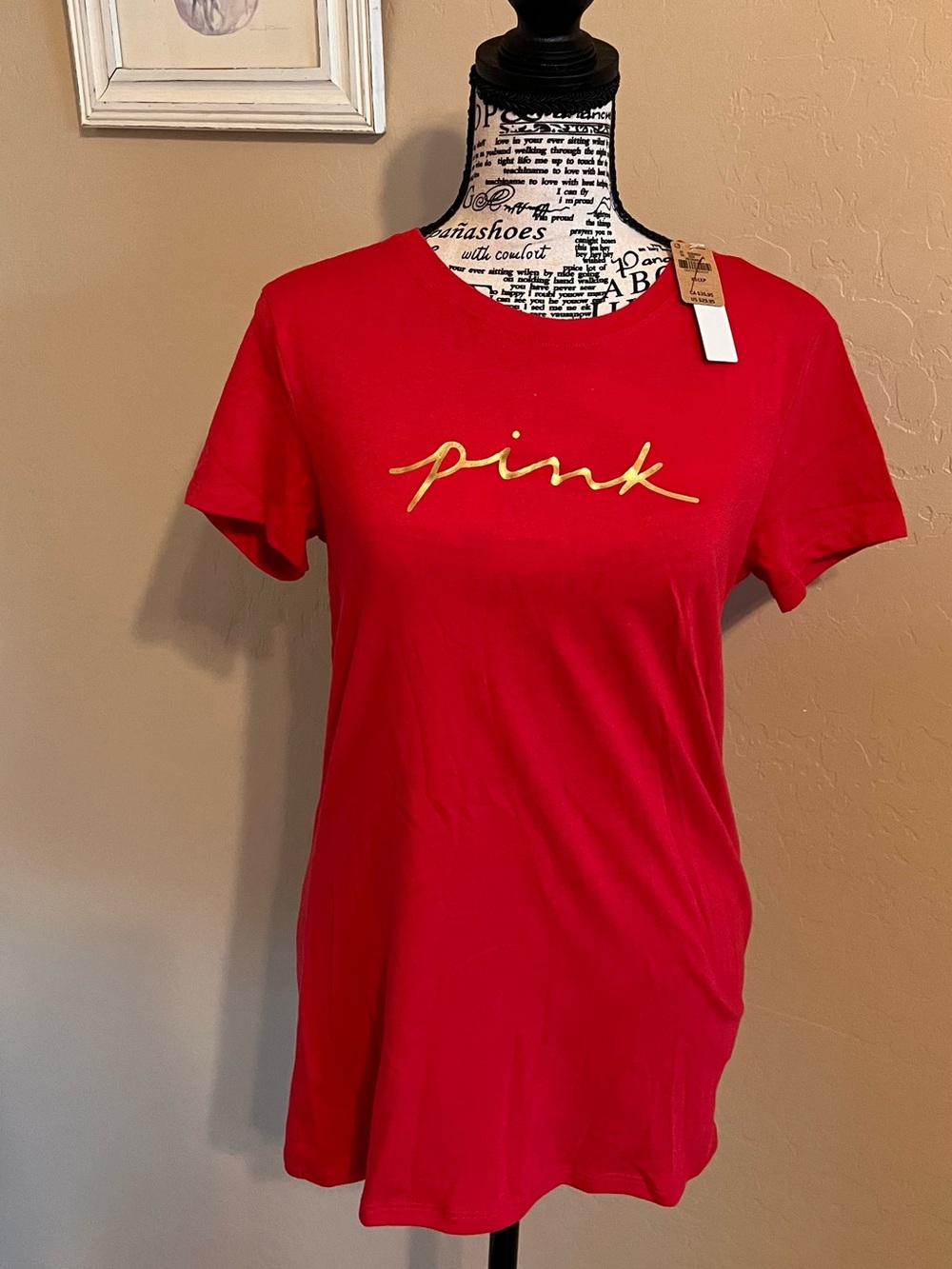 Victoria's Secret Pink Red Tee with Gold Script